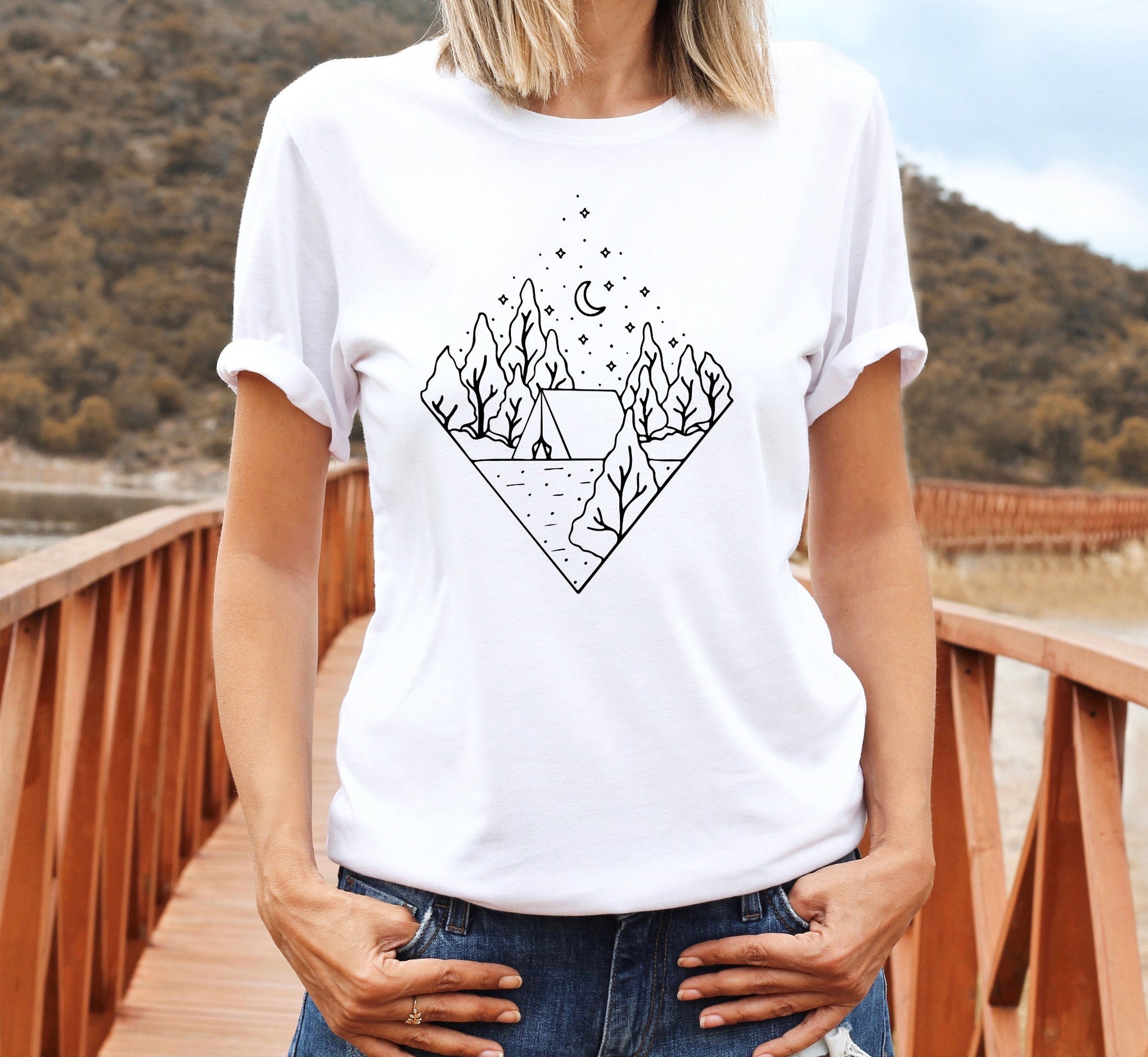Geometric Celestial Camping Shirt: Abstract Mountain Tee - Unisex