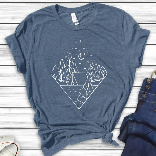 Geometric Celestial Camping Shirt: Abstract Mountain Tee - Unisex