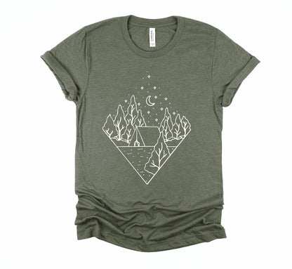 Geometric Celestial Camping Shirt: Abstract Mountain Tee - Unisex