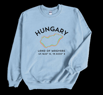 Hungary Sweatshirt, Land of Magyars, Traveler Gift Coordinates, Unisex Budapest Sweater