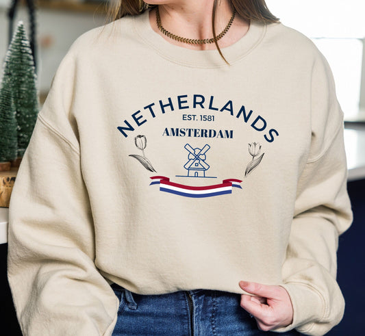 Netherlands Sweatshirt Windmill Holland Sweater Dutch Tulip Crewneck, Unisex sizing Cotton Loose Fit Oversized