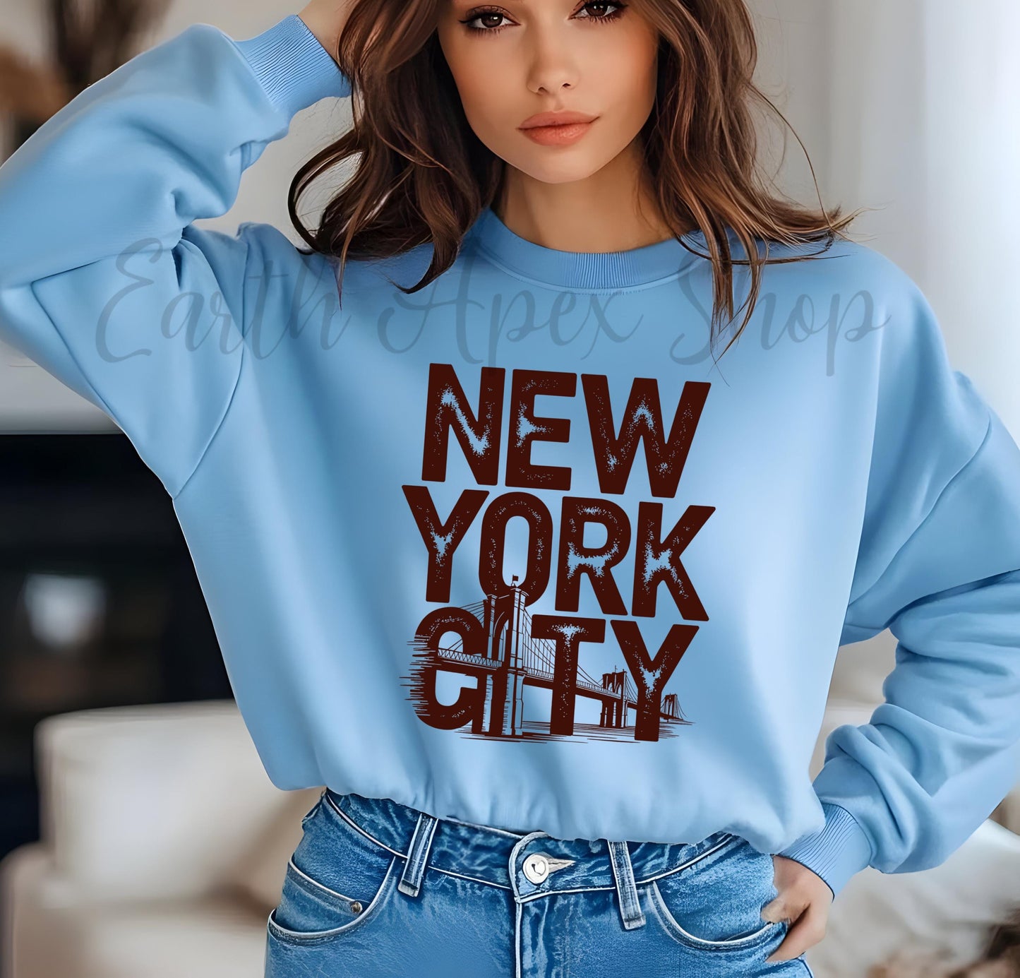 New York City Sweatshirt: NYC Crewneck Pullover - Brooklyn Bridge
