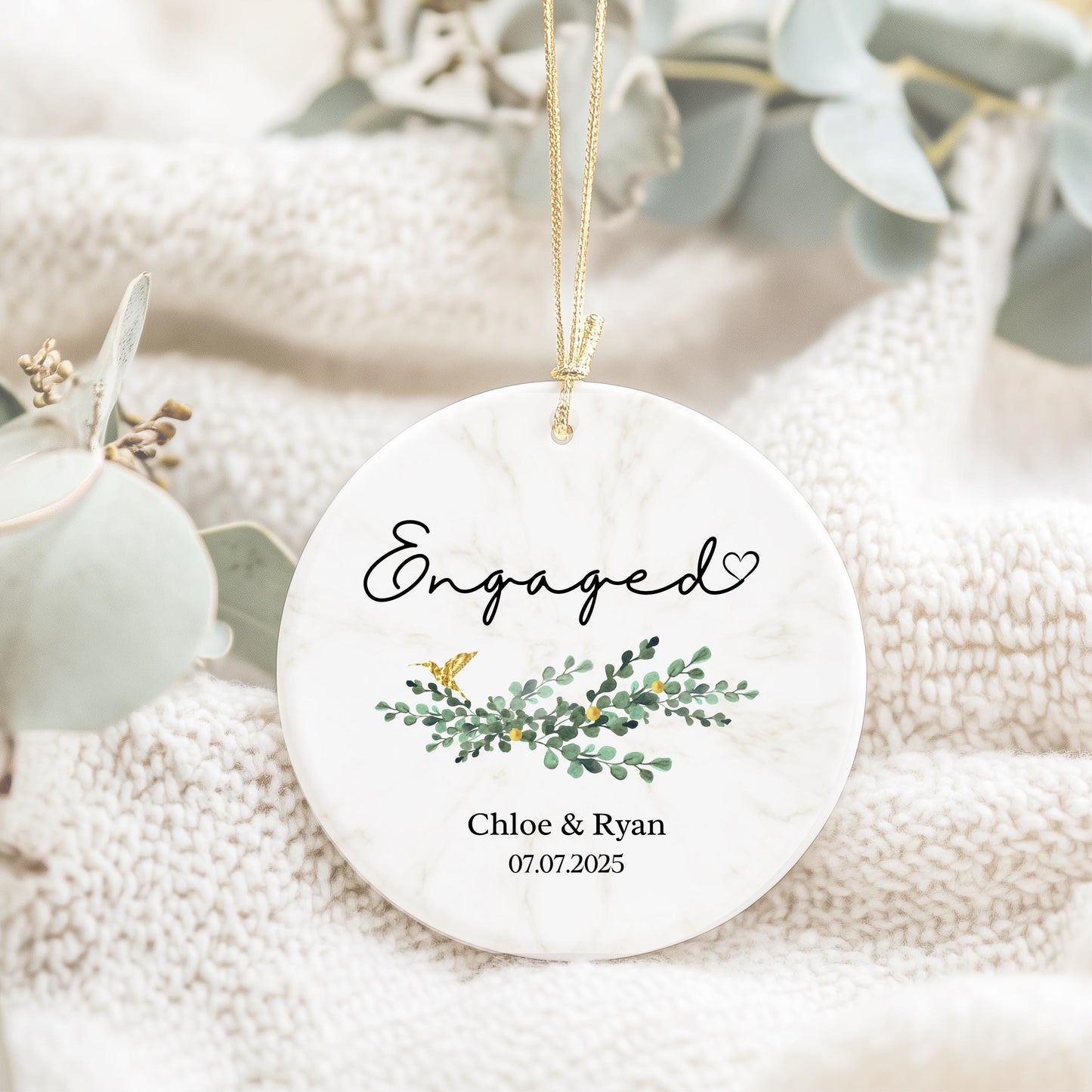 Personalized Engagement Ornament: Eucalyptus Design, Custom Names & Date