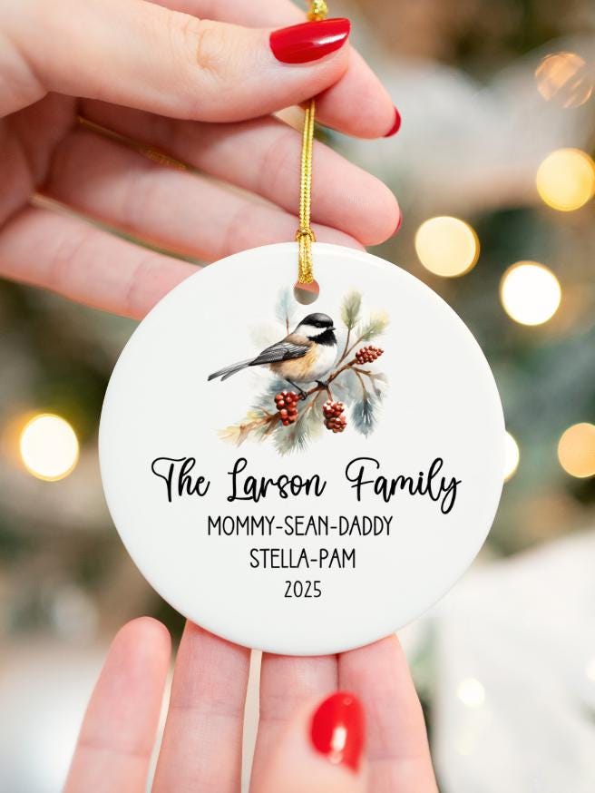Personalized Family Name Ornament: Watercolor Black-capped Chickadee Ceramic Keepsake