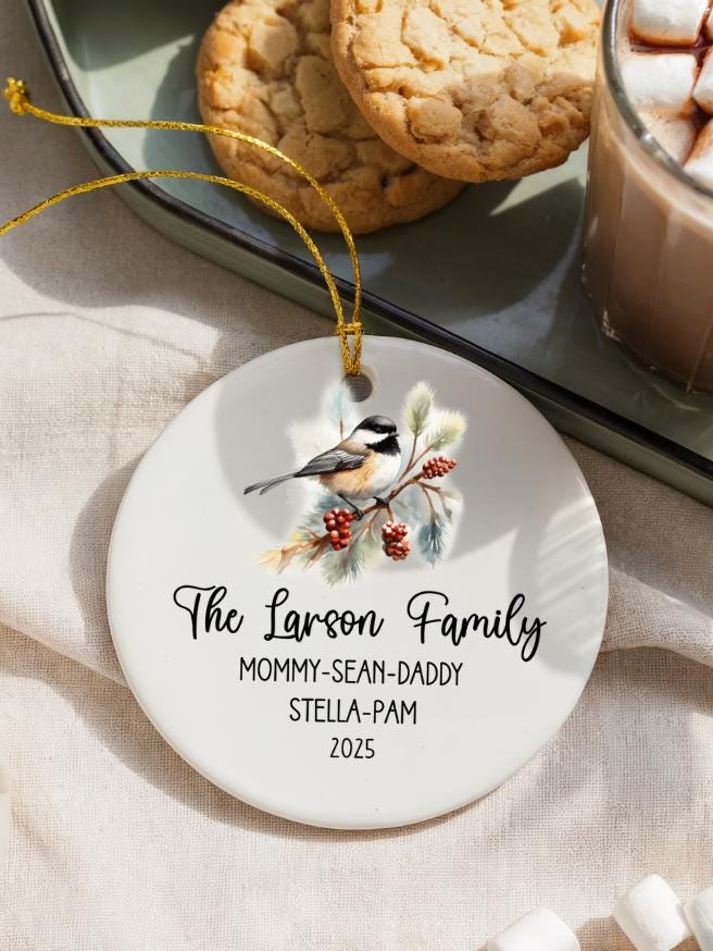 Personalized Family Name Ornament: Watercolor Black-capped Chickadee Ceramic Keepsake