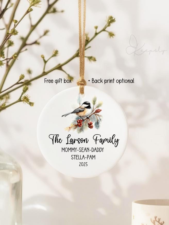 Personalized Family Name Ornament: Watercolor Black-capped Chickadee Ceramic Keepsake