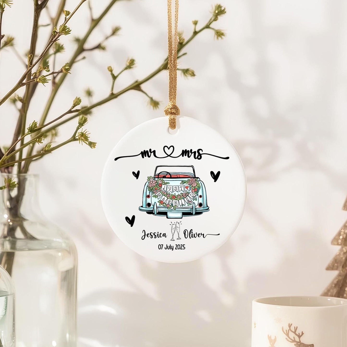 Personalized Wedding Ornament, Just Married Car, Watercolor Portrait Gift