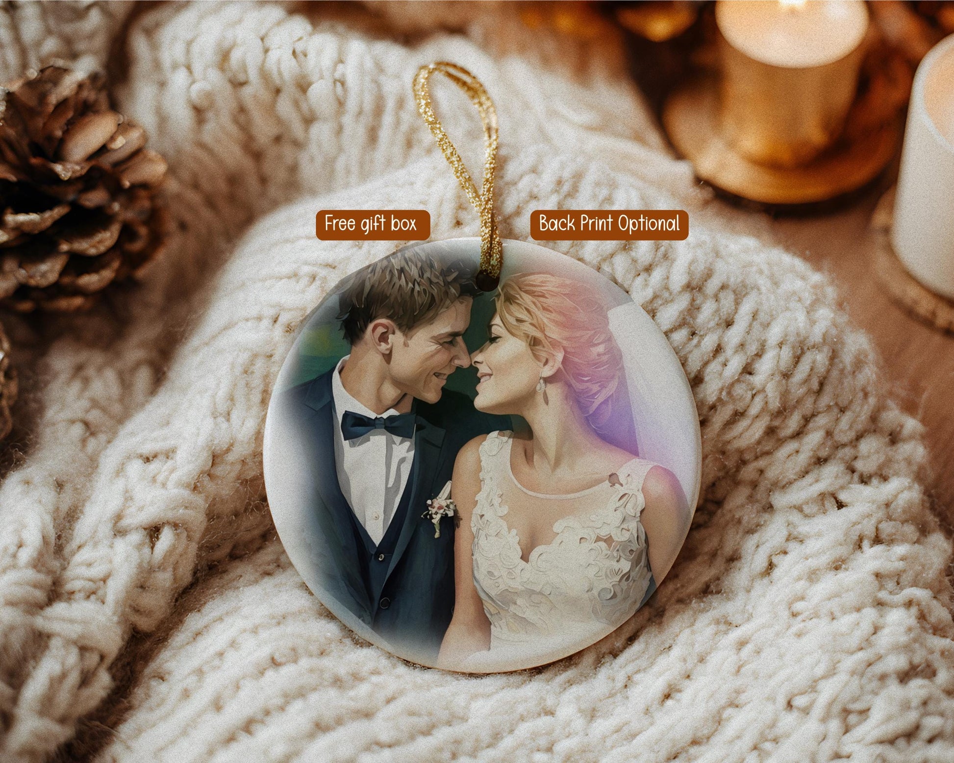 Personalized Wedding Ornament, Just Married Car, Watercolor Portrait Gift