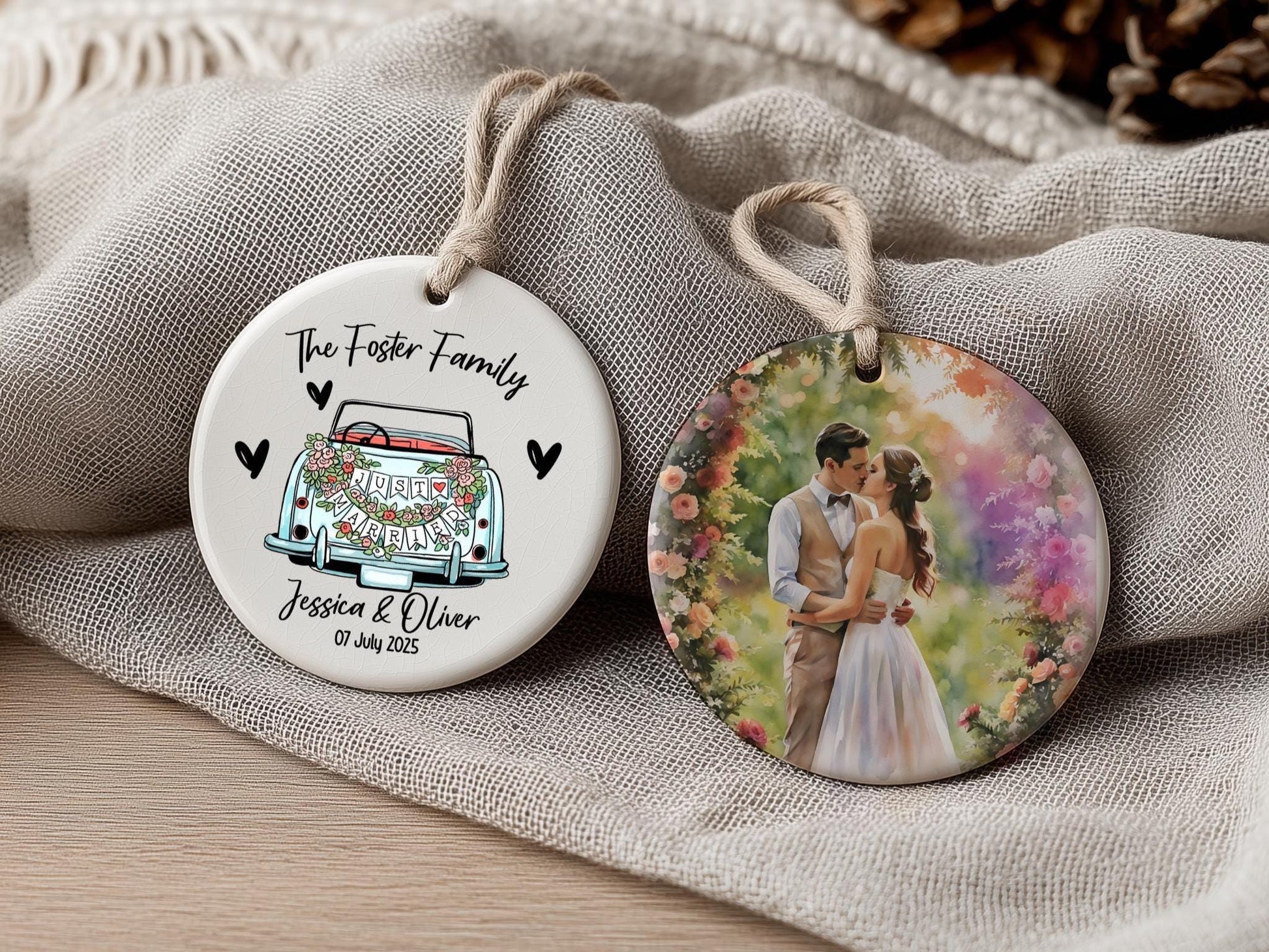 Personalized Wedding Ornament, Just Married Car, Watercolor Portrait Gift