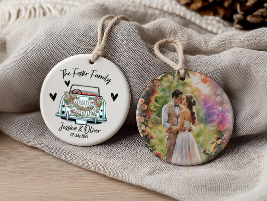 Personalized Wedding Ornament, Just Married Car, Watercolor Portrait Gift