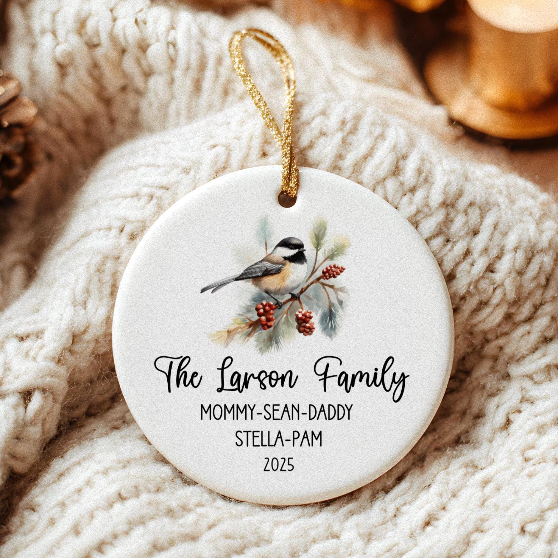 Personalized Family Name Ornament: Watercolor Black-capped Chickadee Ceramic Keepsake
