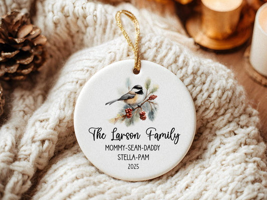 Personalized Family Name Ornament: Watercolor Black-capped Chickadee Ceramic Keepsake