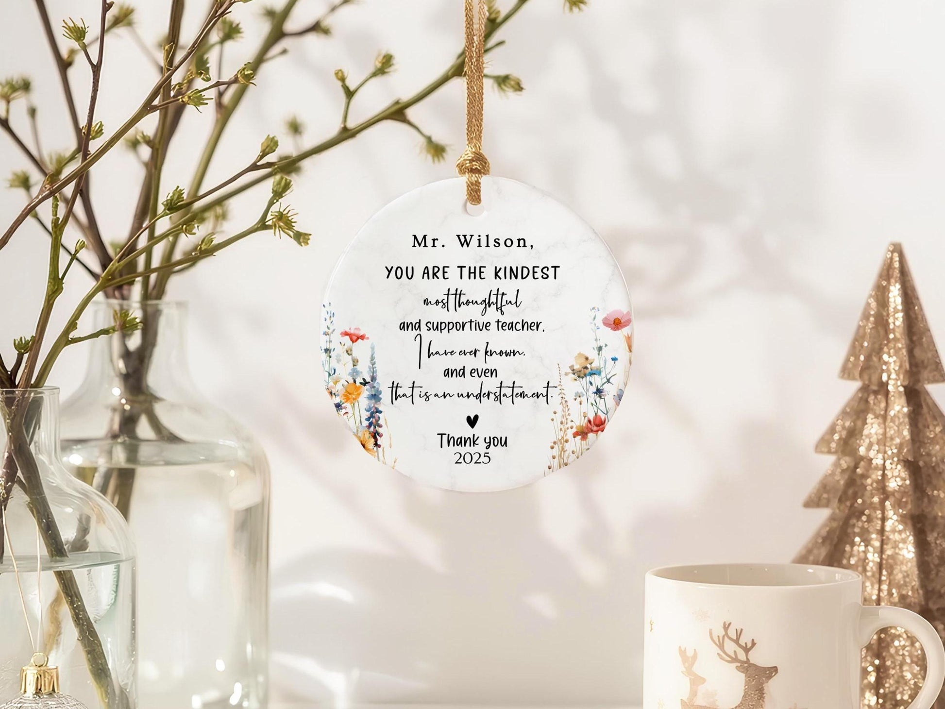 Custom Thank You Ornament: Teacher, Nurse, Profession Keepsake Boho Wildflower Symphaty Gift