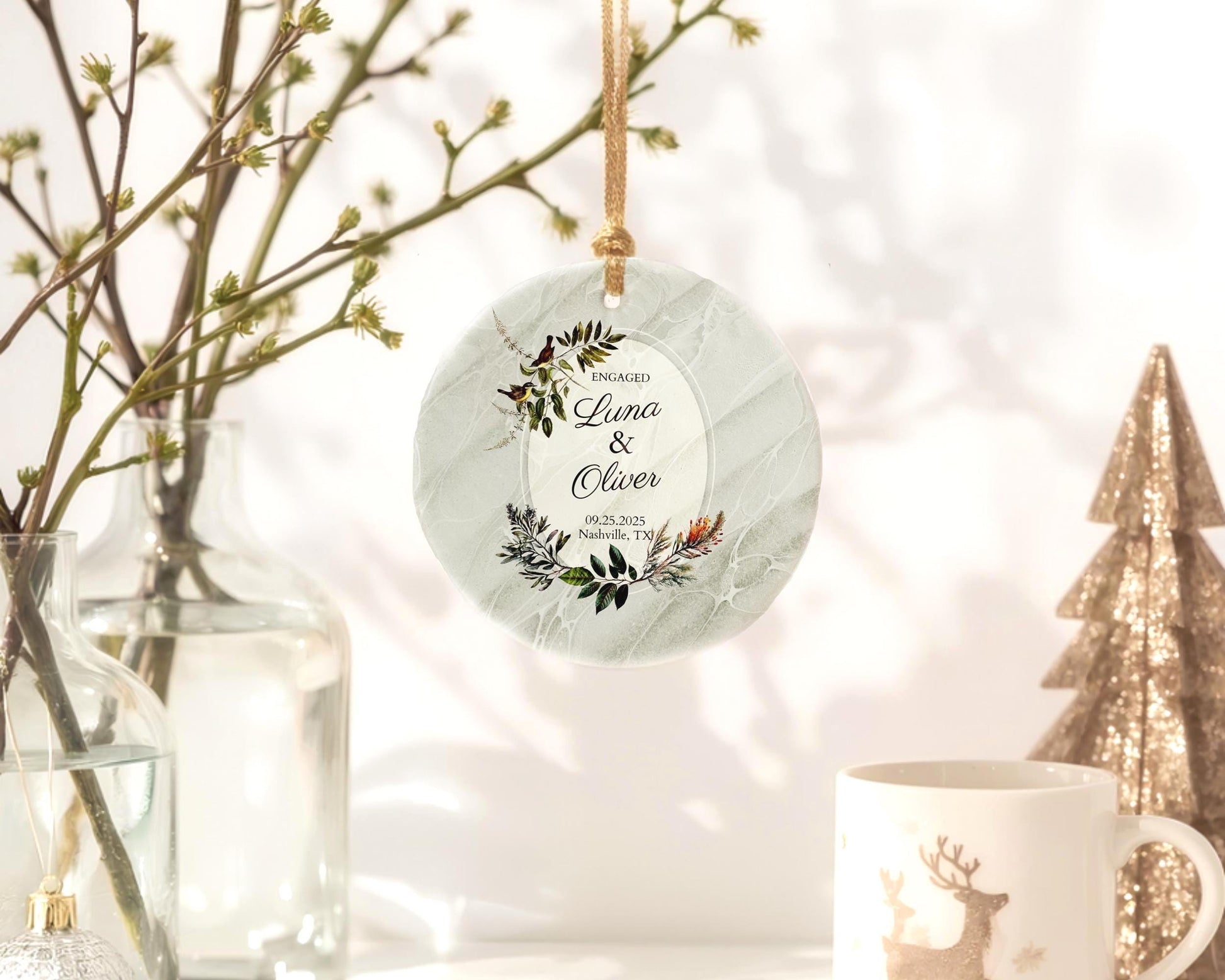 Custom Engaged Ornaments Personalized Couple Gift with Names, Date & Location • Wedding Keepsake Classy Decoration