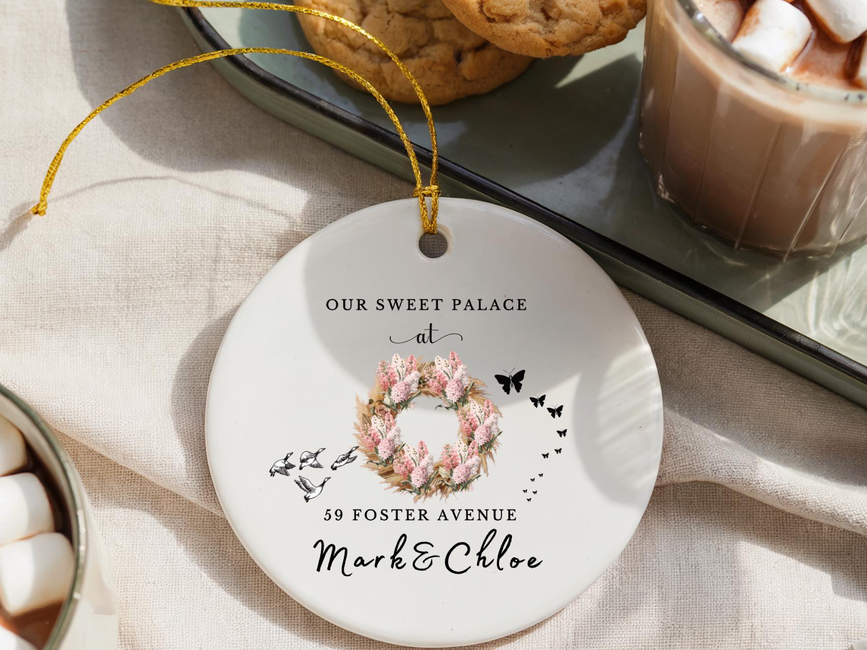 Personalized New Home Ornament: Floral Wreath, Custom Address Keepsake