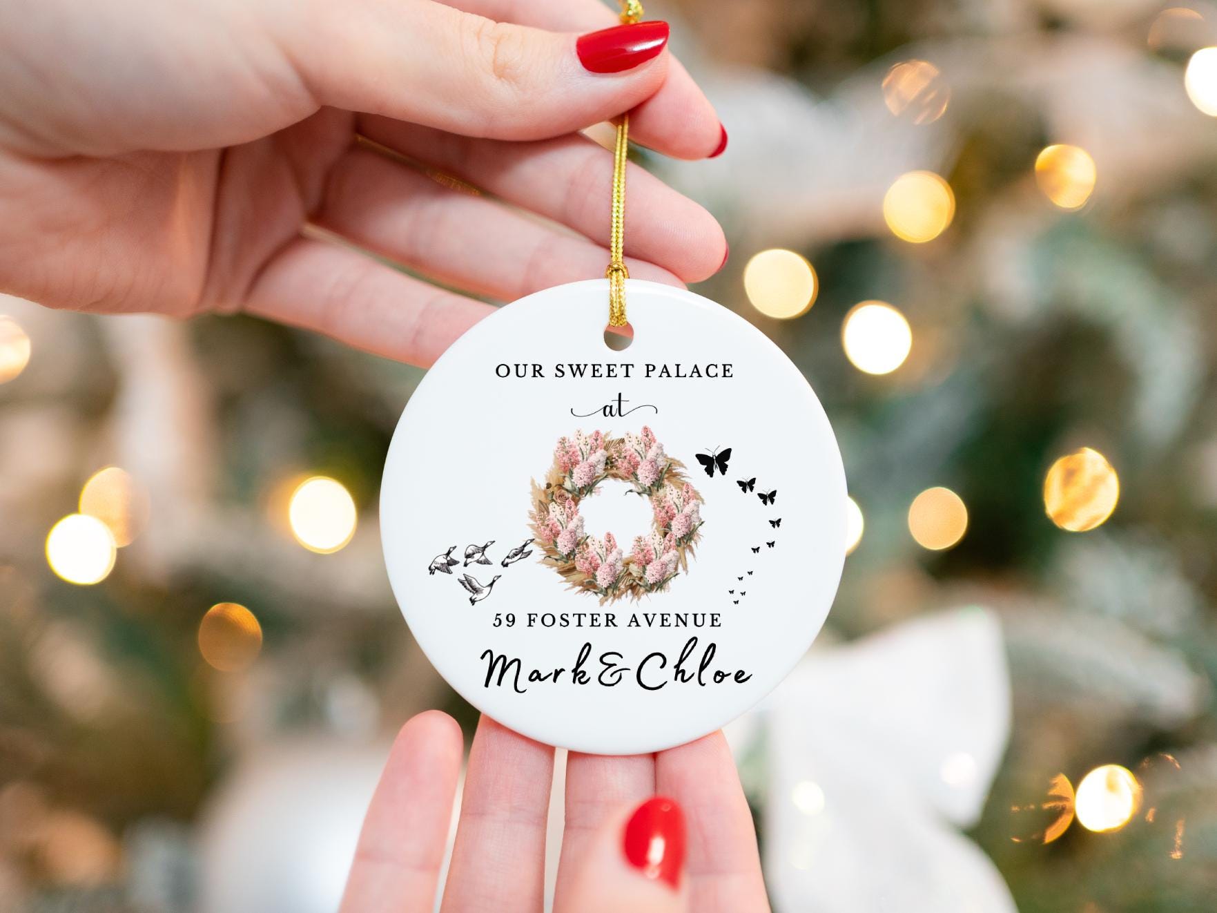 Personalized New Home Ornament: Floral Wreath, Custom Address Keepsake