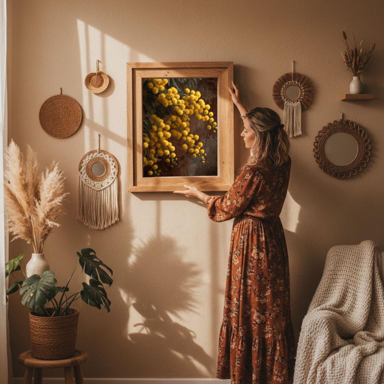 Rustic floral wall art hung by woman in warm boho room, pampas grass decor and soft golden sunlight.