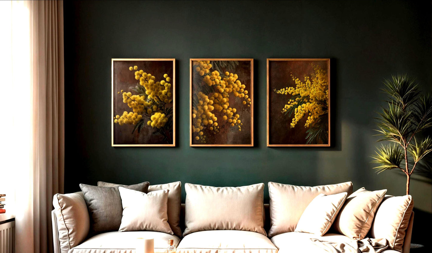 Elegant yellow flower wall art set in moody living room, vintage rustic printable artwork by Keepsly.