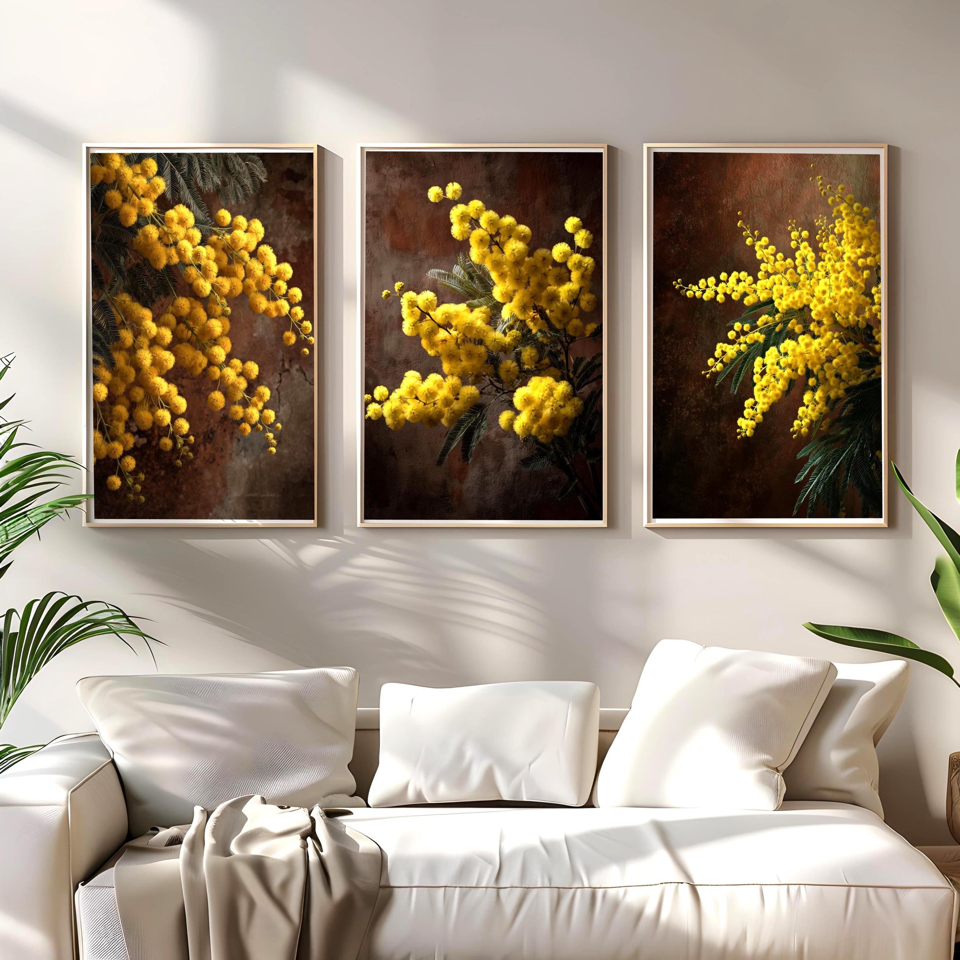 Golden mimosa floral triptych wall art set of 3 from Keepsly Botanical collection, rustic botanical prints with warm earthy tones, cozy living room decor.