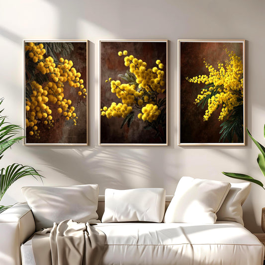 Golden mimosa floral triptych wall art set of 3 from Keepsly Botanical collection, rustic botanical prints with warm earthy tones, cozy living room decor.