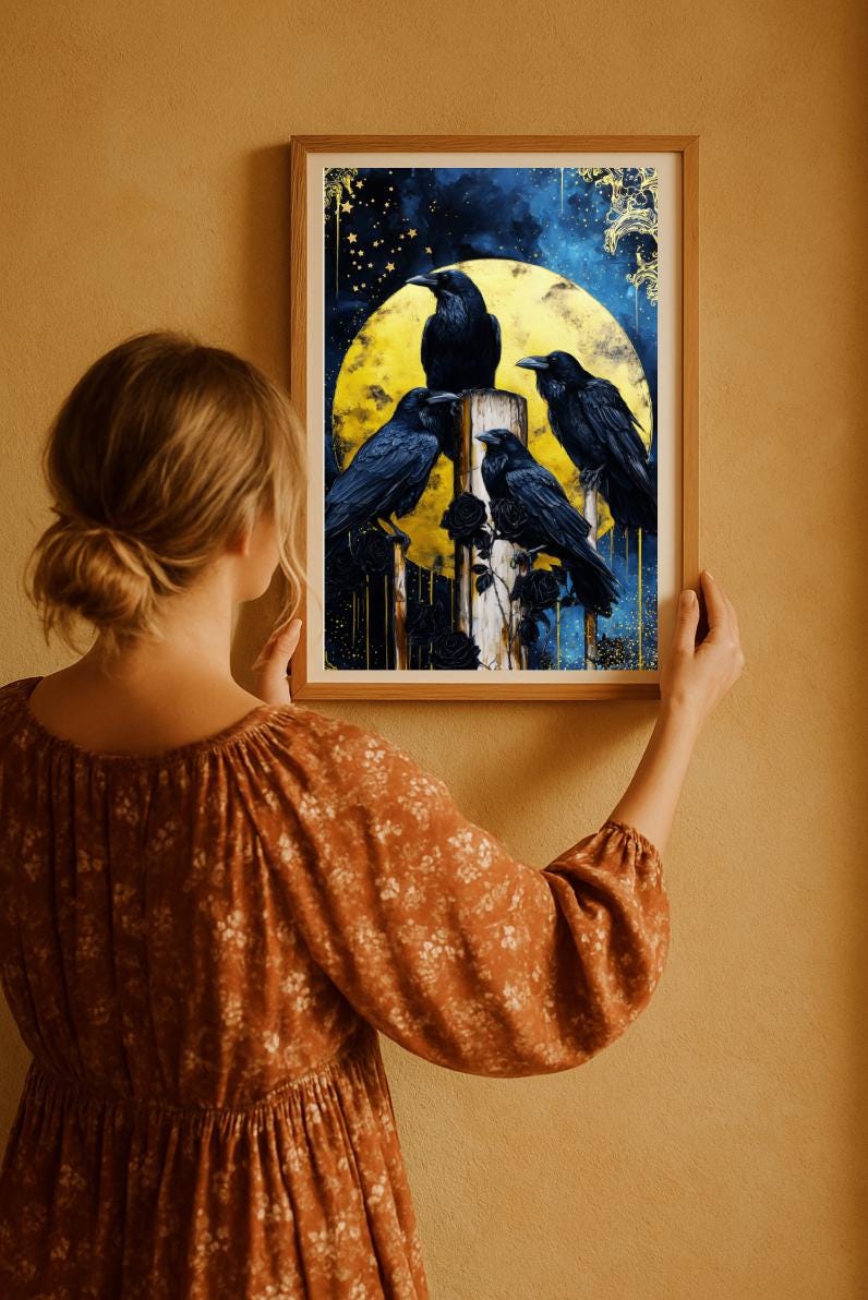 Bohemian home wall art showing woman styling moonlit bird artwork, earthy brown tones and soft light.