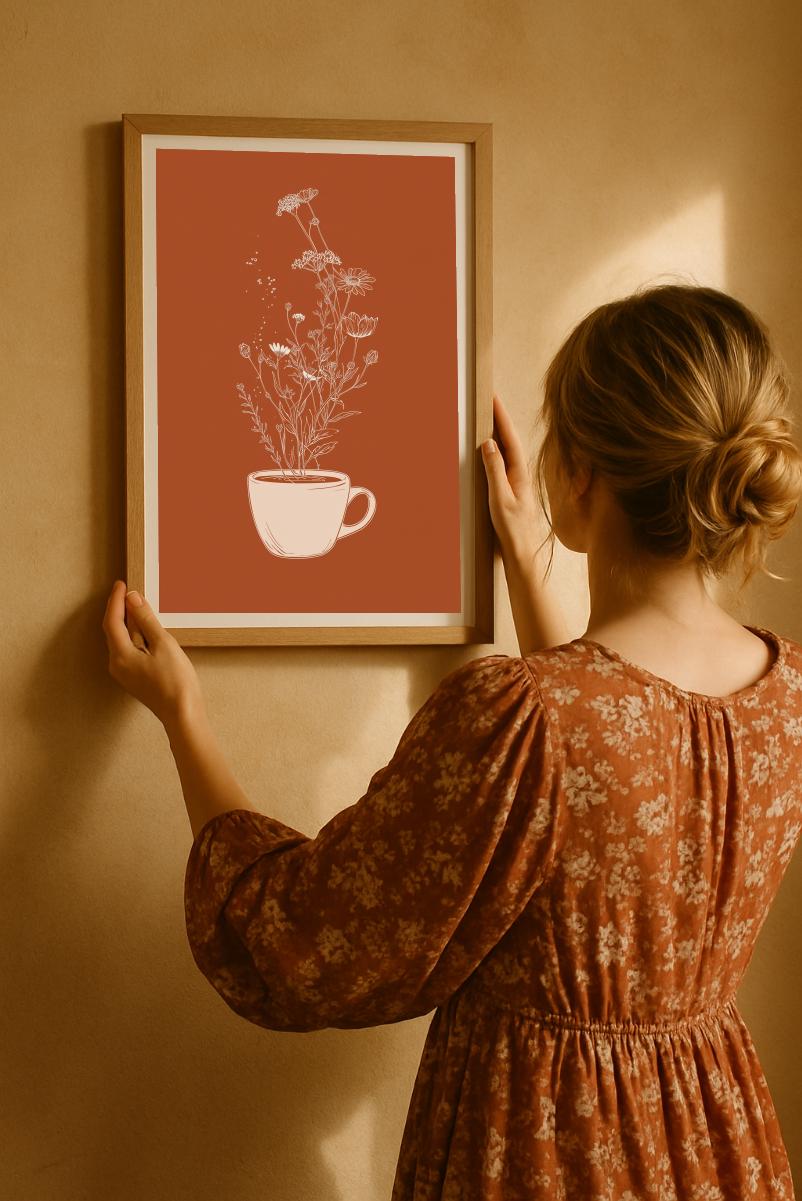 Woman hanging rustic floral wall art with coffee cup design, warm brown palette, cozy autumn home interior.