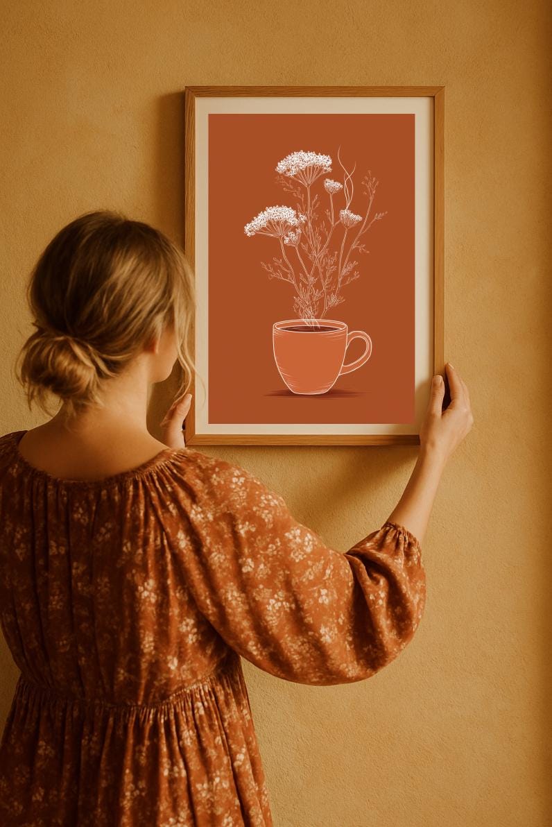 Rustic flower and coffee cup printable wall art by Keepsly shop, woman in brown dress styling cozy home wall decoration.