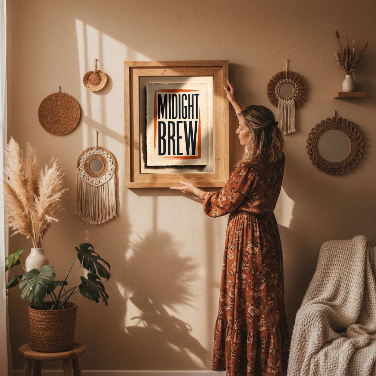Vintage “Midnight Brew” rustic wall art being hung on bohemian wall, soft sunlight, earthy farmhouse décor.