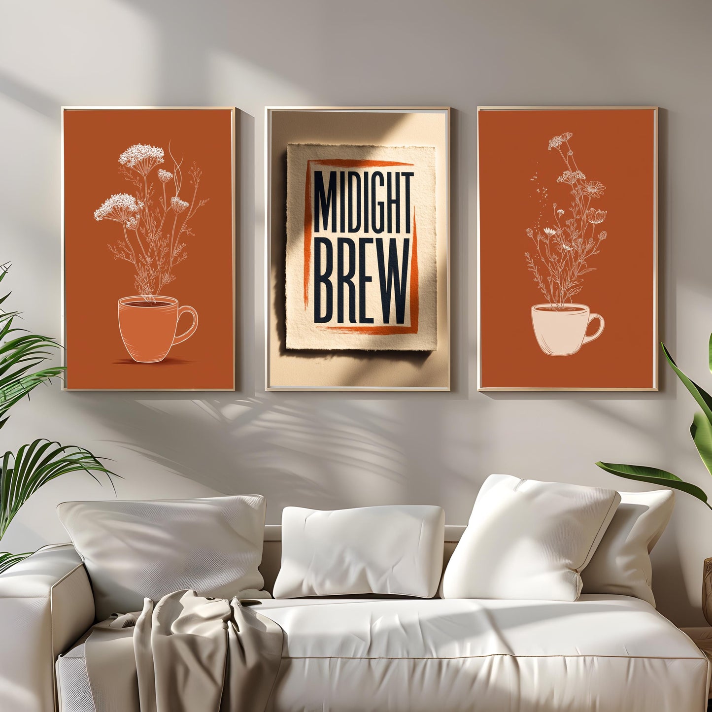 Rustic coffee wall art trio in warm earthy tones, cozy living room décor with minimalist frames and sunlight glow. High resolution jpg files in 2:3 ratio download