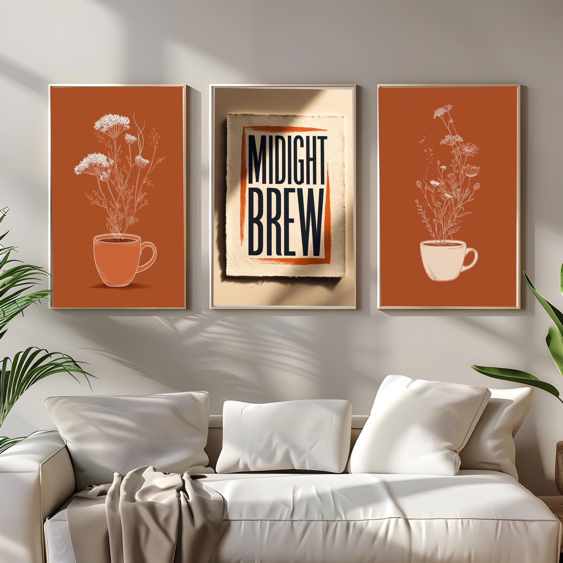 Rustic coffee wall art trio in warm earthy tones, cozy living room décor with minimalist frames and sunlight glow. High resolution jpg files in 2:3 ratio download