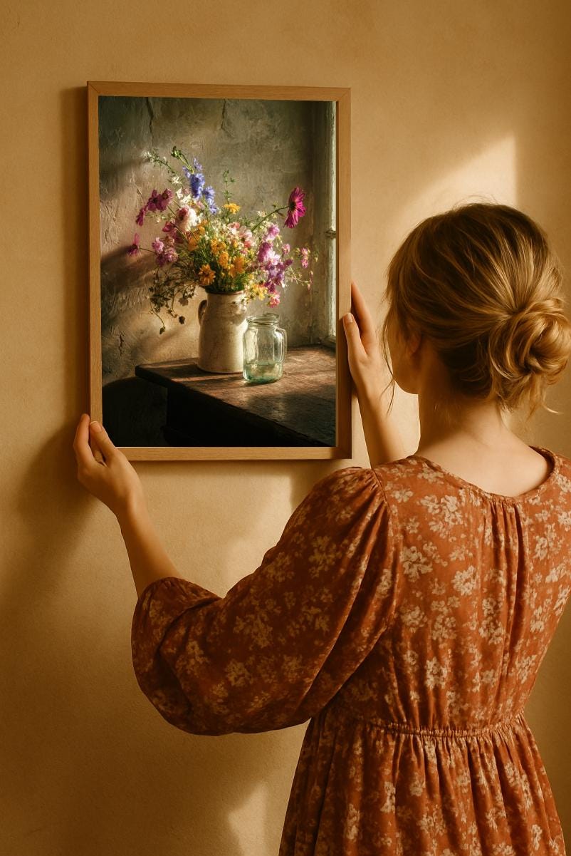 A woman is looking her vintage-inspired farmhouse printable wall art in love, soft beige and muted blush color palette, cozy minimalist interior style looks so bohemian and warm.