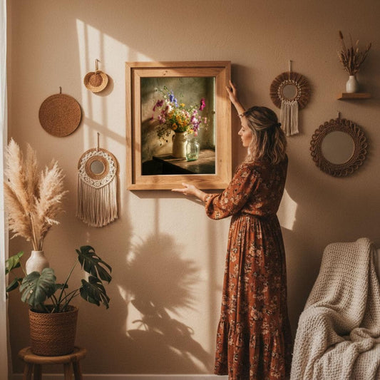 Bohemian rustic digital print by Keepsly, perfect for country home or wedding gift wall decor. The country house owner is hanging her poster with her other wall decorations