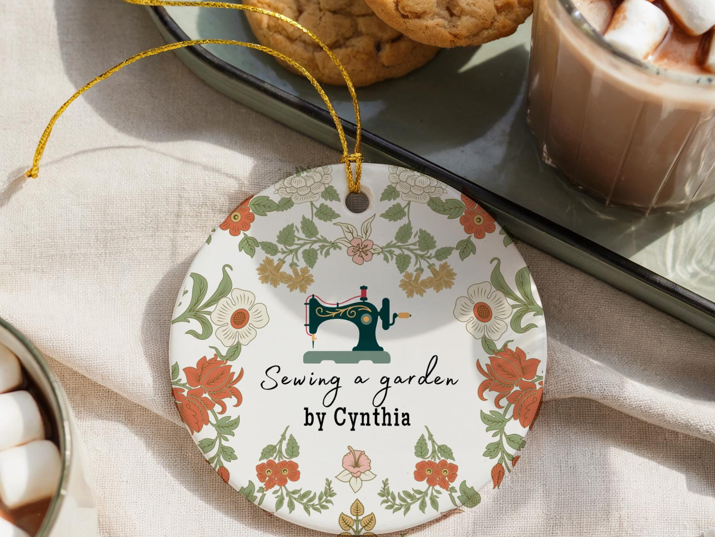 Personalized Seamstress Gift, Floral Sewing Machine Ornament, Handmade Crafter Keepsake, Vintage Sewing Room Decor