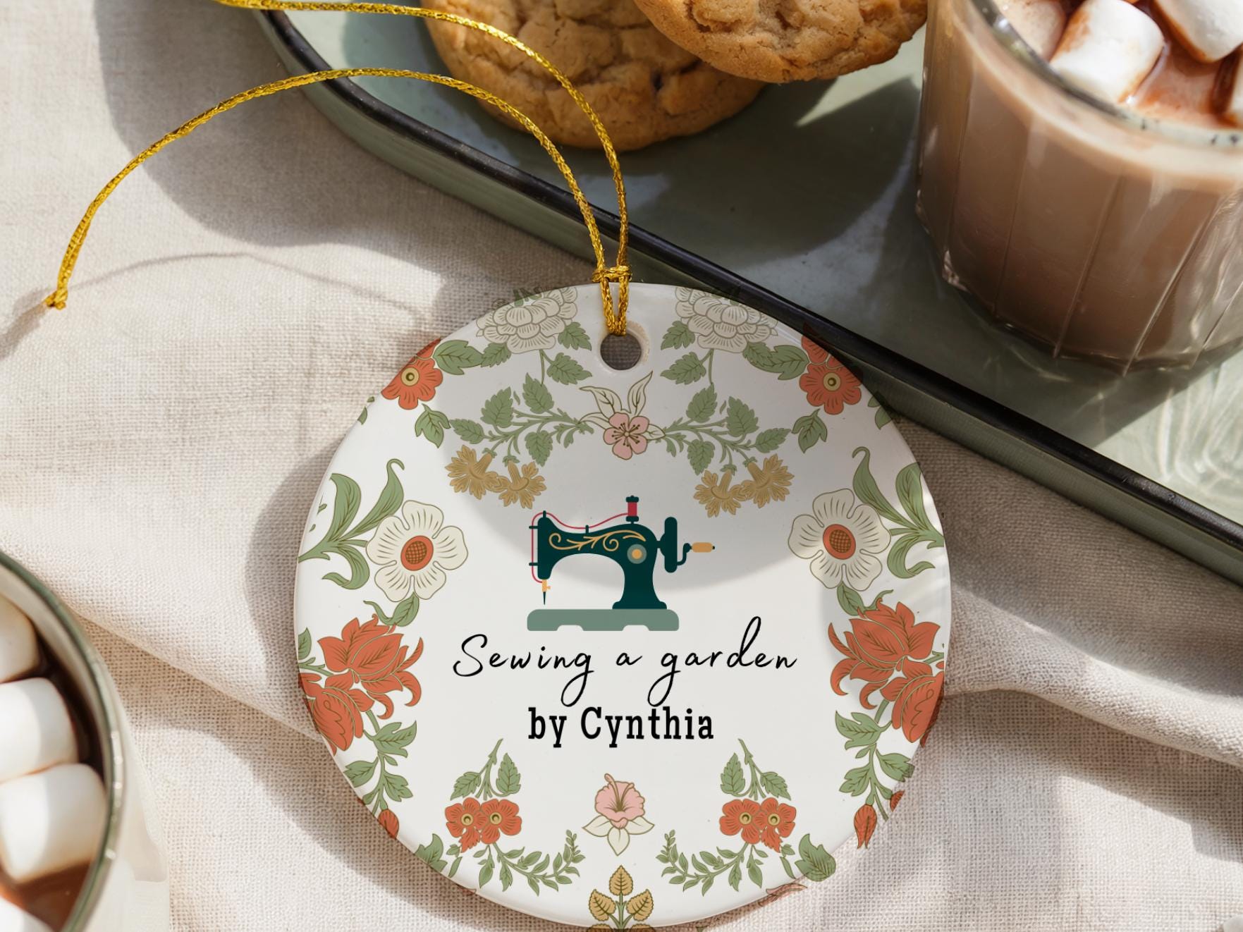 Personalized Seamstress Gift, Floral Sewing Machine Ornament, Handmade Crafter Keepsake, Vintage Sewing Room Decor