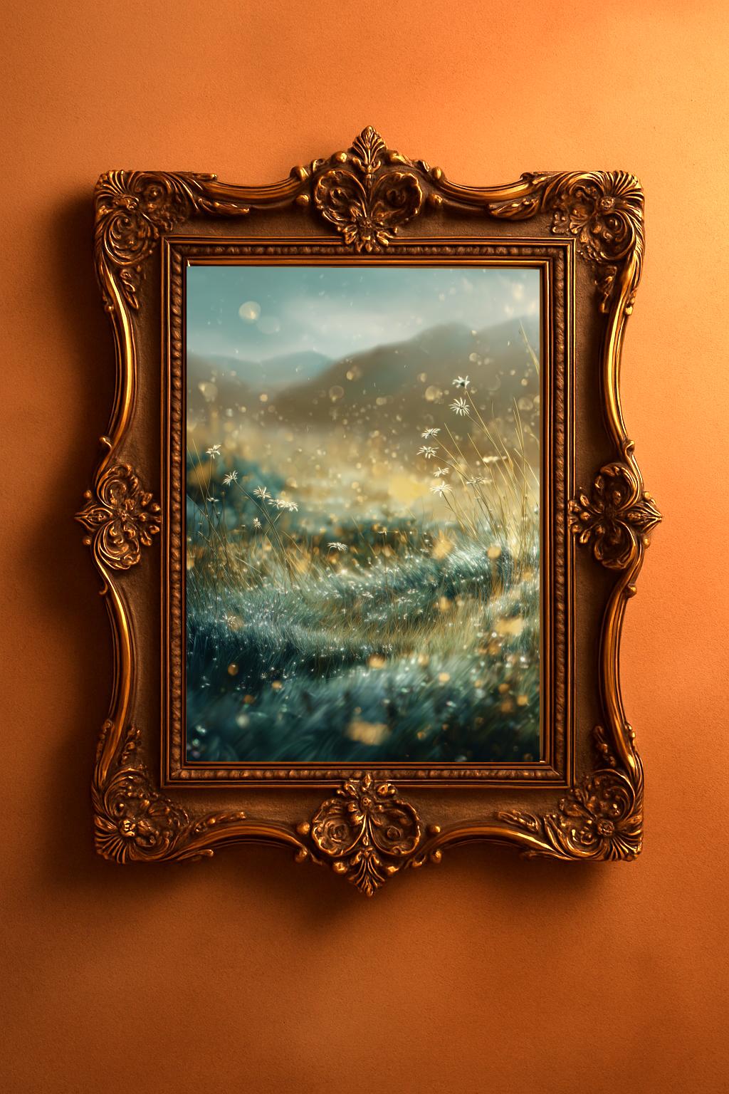 Stardust Meadow Print, Dreamy Floral Landscape Wall Art, Golden Twilight Field Poster Digital Download