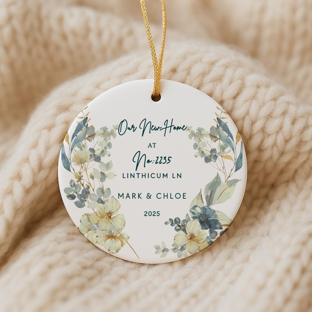 Personalized New Home Ornament: Floral Ceramic Keepsake