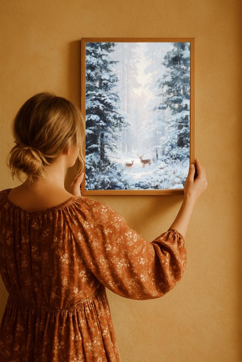 Winter Forest with Reindeer Instant download Wall Art featuring Romantic snowy French woodland at twilight, two deer standing among frosted pines, painterly winter romantic landscape with muted greens, silver and ivory palette, soft golden twilight