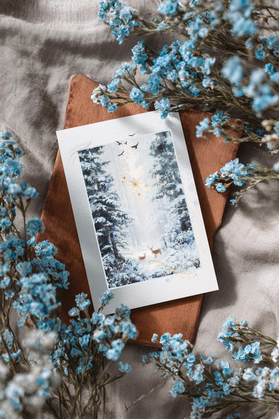 Winter Forest with Reindeer Instant download greeting card featuring Romantic snowy French woodland at twilight, two deer standing among frosted pines, painterly winter romantic landscape with muted greens, silver and ivory palette, soft golden twilight