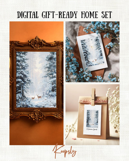 Instant Digital dowload poster, 9 sets of gift tag and a greeting card collage. The design is in winter theme with reindeers in a vintage romantic style.