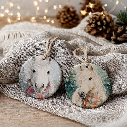 Scandinavian Horse Ornament, Watercolor Nordic Farm Animal Decor Personalized Front And Back Print
