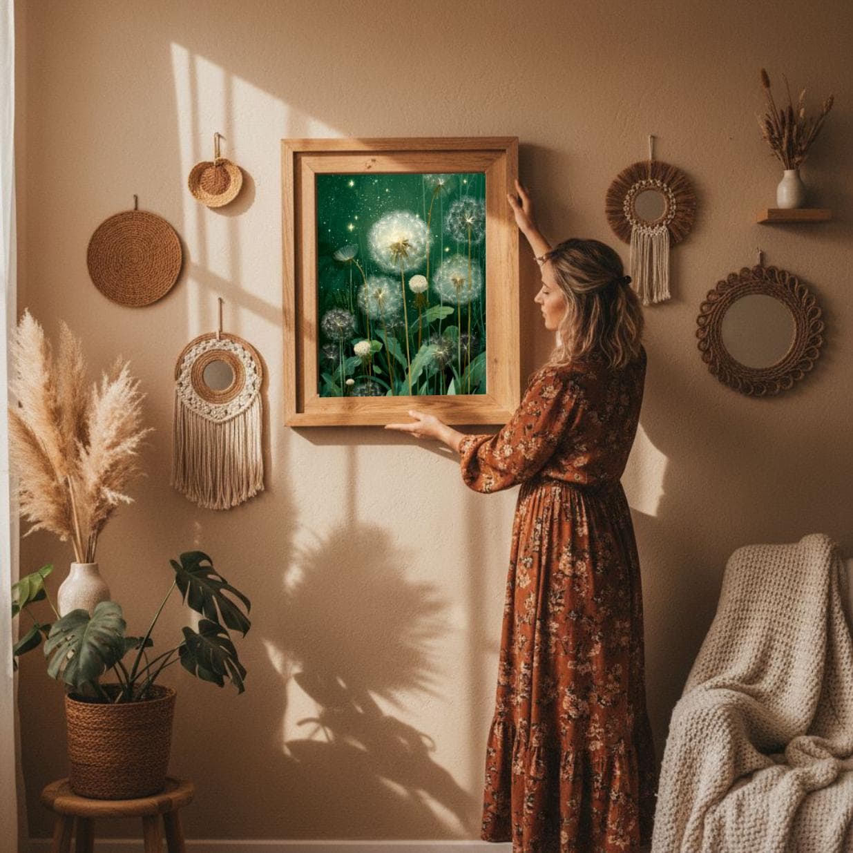 Flowery dressed bohemian woman with loose hair bun is holding the framed digital poster on a warm color wall. She is looking at the emerald green background dandelion wall art. There is a perfect macthing fall colors