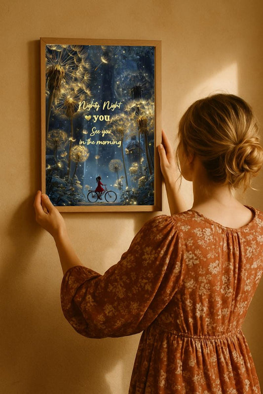 Golden Dandelion Print, Nighty Night Bedroom Wall Art (Digital Download)