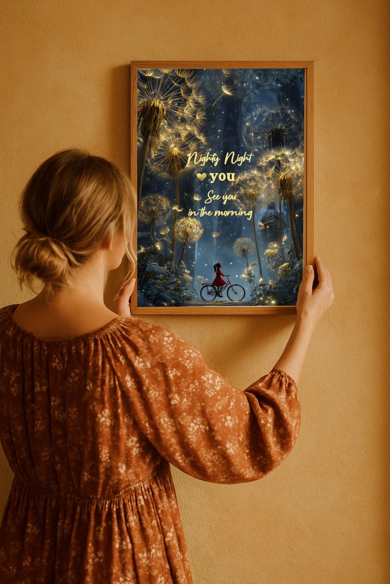 Golden Dandelion Print, Nighty Night Bedroom Wall Art (Digital Download)