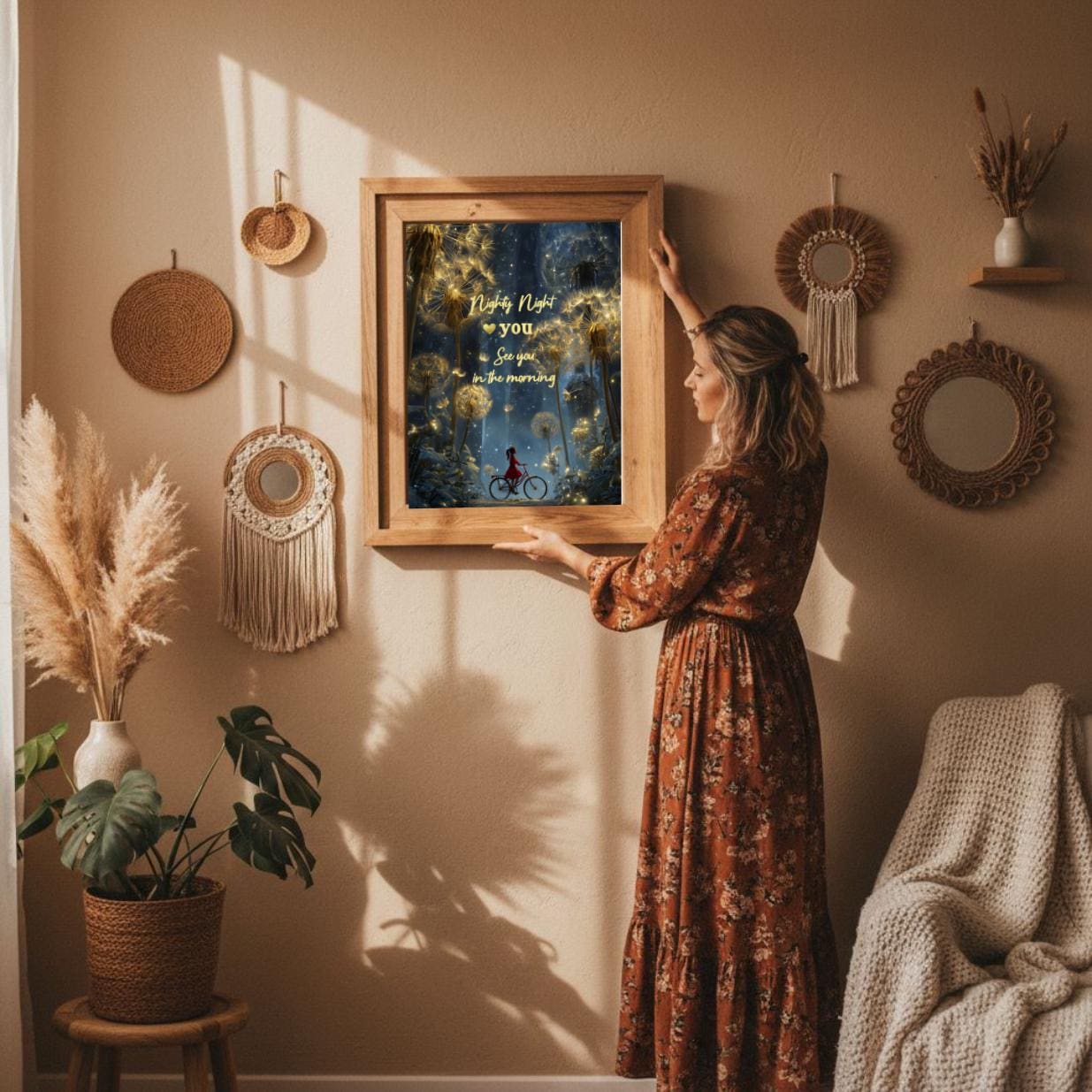 Golden Dandelion Print, Nighty Night Bedroom Wall Art (Digital Download)