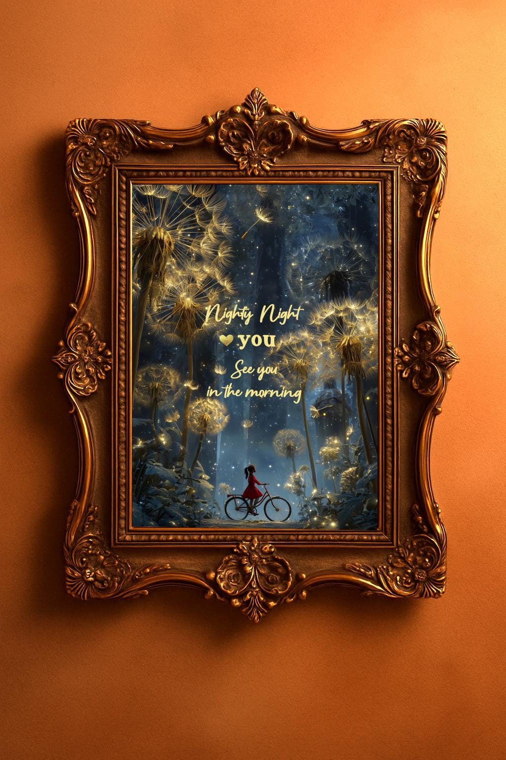 Nighty night I love you, see you in the morning quote is on night blue colored gold dandelion printable poster in an antique look frame by Keepsly digital wall art shop.