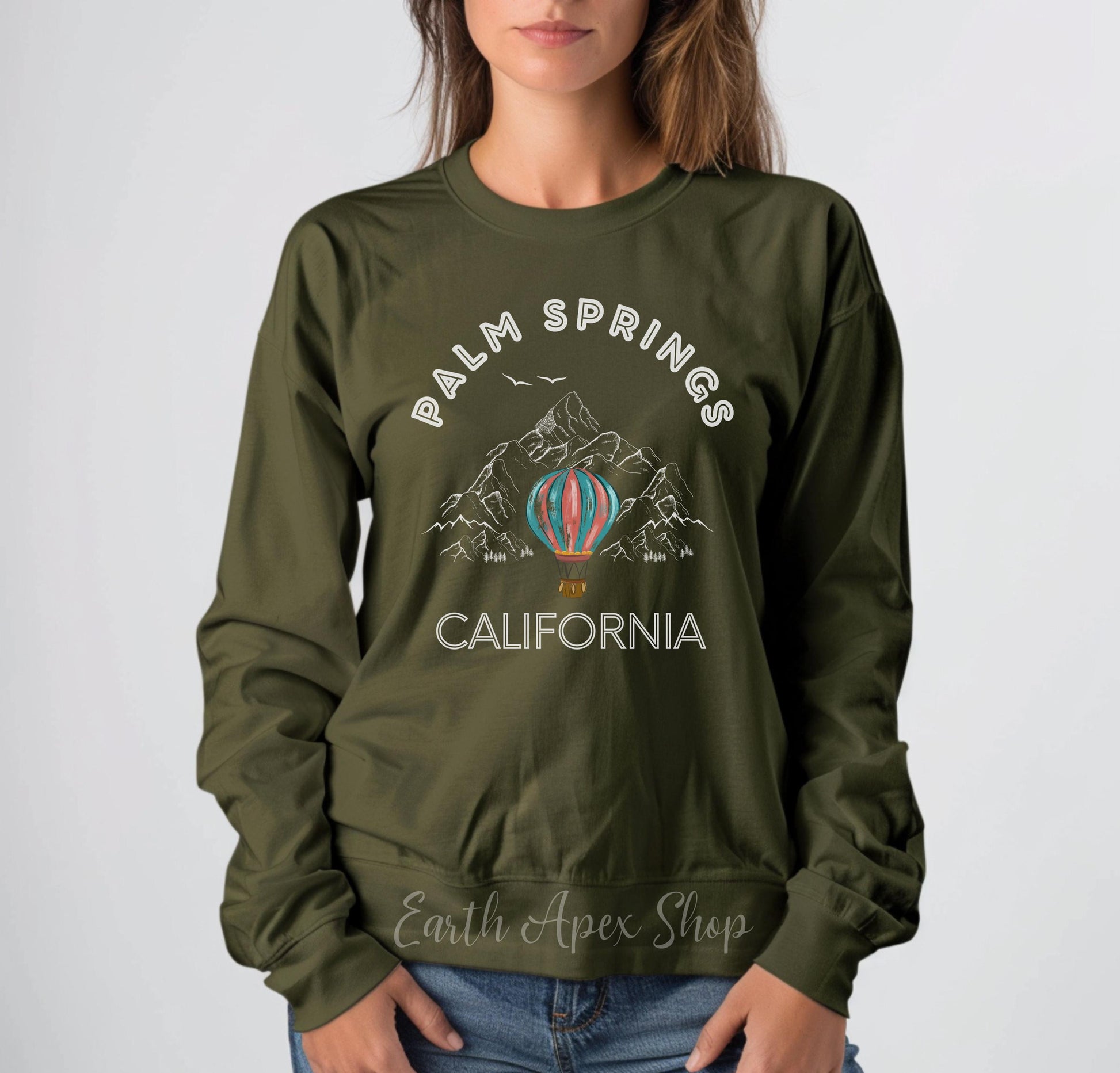 Palm Springs Sweatshirt, California Desert Crewneck, Travel Hot Air Balloon Shirt, Western Road Trip