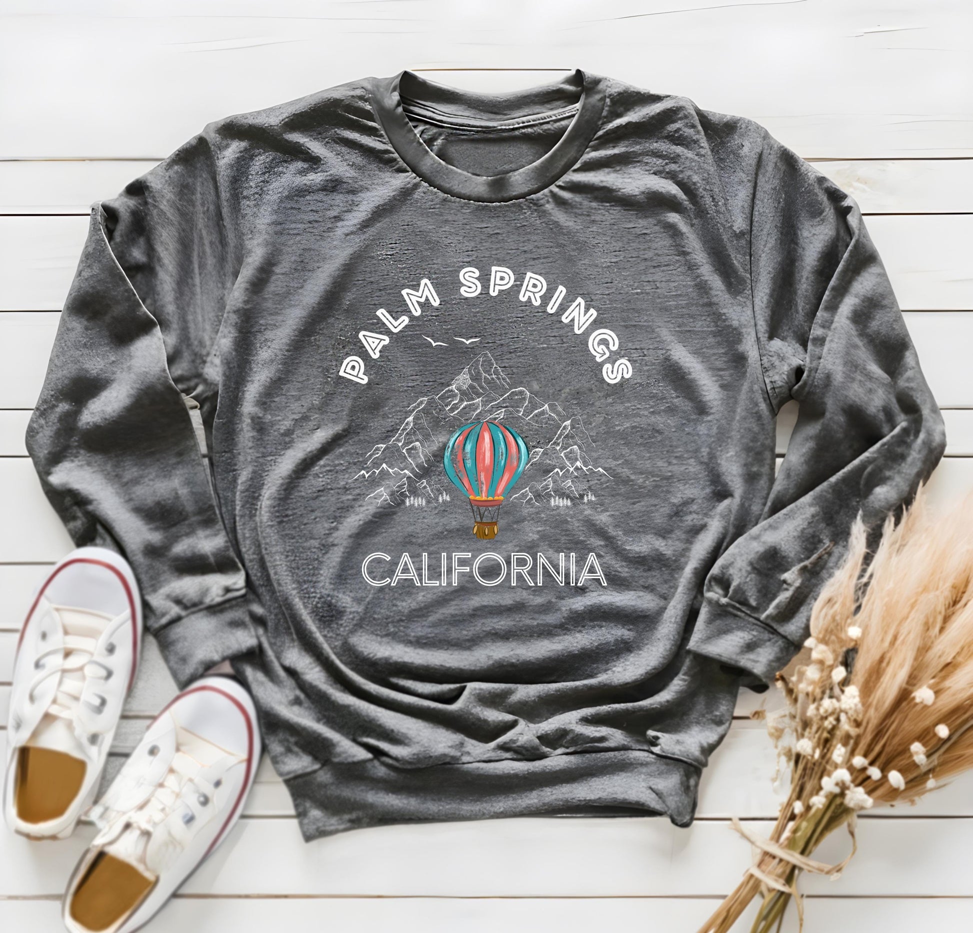 Palm Springs Sweatshirt, California Desert Crewneck, Travel Hot Air Balloon Shirt, Western Road Trip
