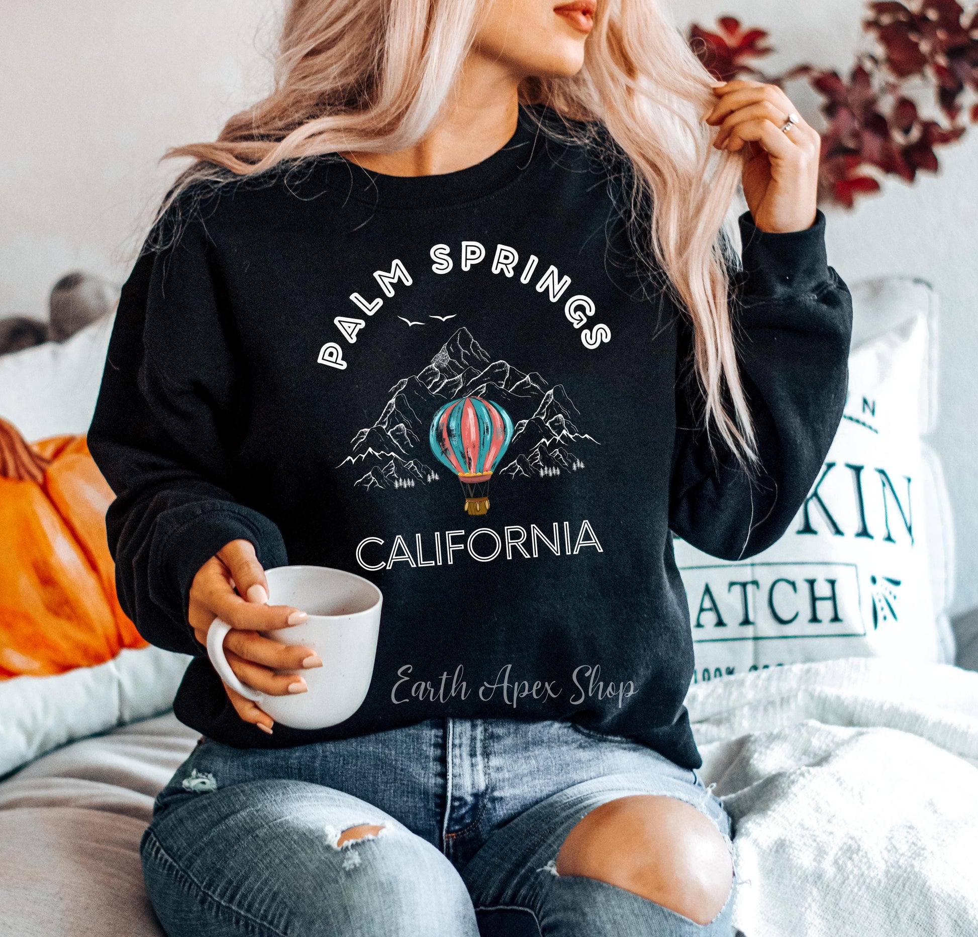 Palm Springs Sweatshirt, California Desert Crewneck, Travel Hot Air Balloon Shirt, Western Road Trip