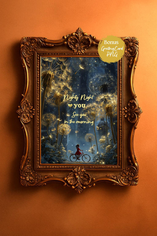 Nighty night I love you, see you in the morning quote is on night blue colored gold dandelion printable poster in an antique look frame with a bonus greeting card png by Keepsly digital wall art shop.