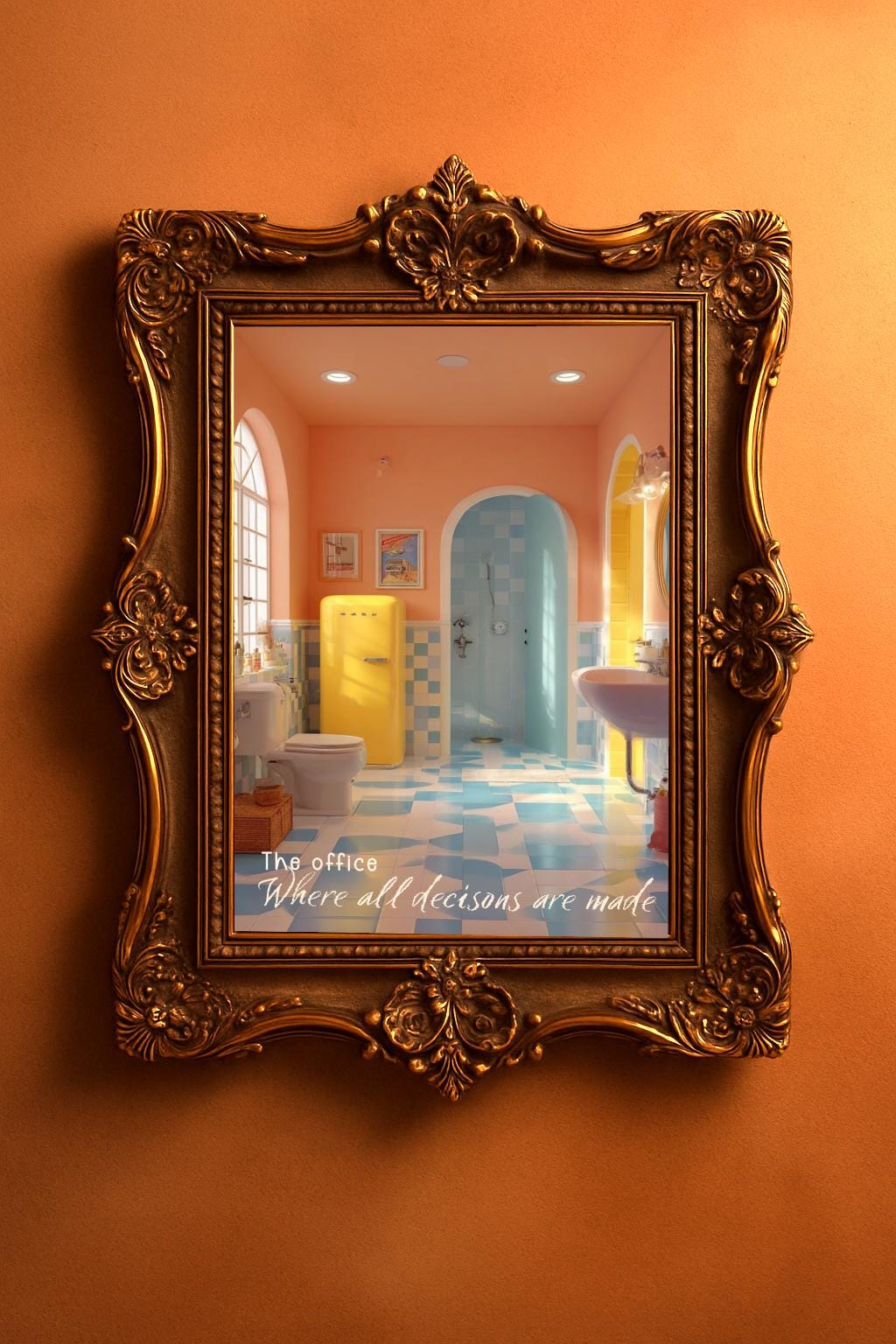 A softly humorous printable wall art for those who know the bathroom is the real office. Warm retro colors, calm light, and a wink of wit displayed in an antique look bronze color frame on a sunset terracota color wall.